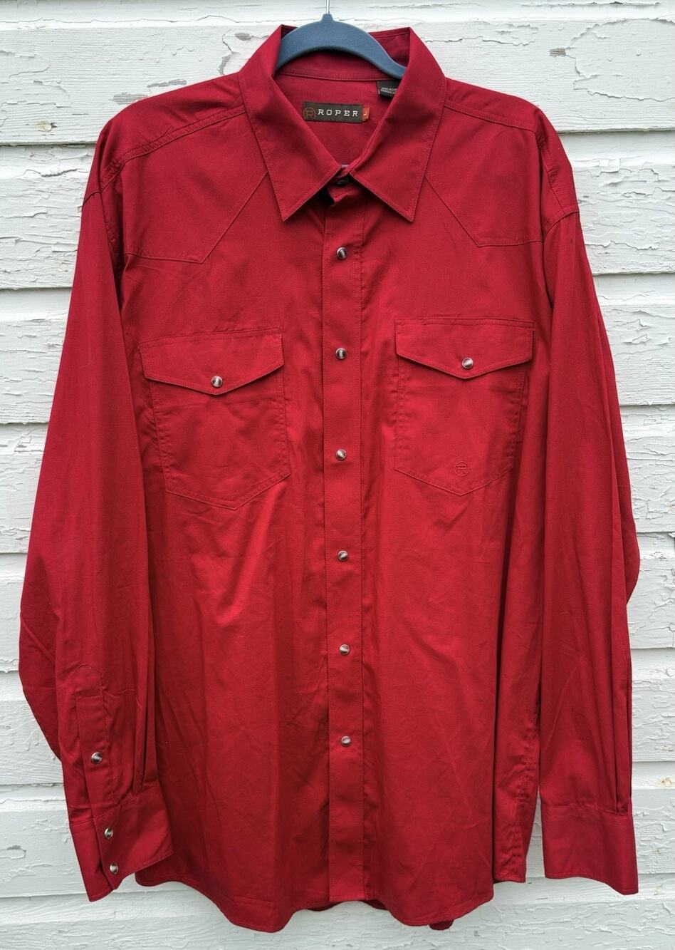 Roper Shirt Mens Large Red Western Long Sleeve Pearl Snap Buttons 100% Cotton
